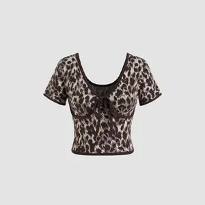 Cider [size 2-10] Knit V-neck Leopard Knotted Short Sleeve Crop Top