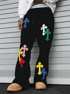American High Street Cross Embroidered Wide Leg Pants, Casual Geometric Patchwork Sweatpants, Loose Fit Dance Hip-Hop Style
