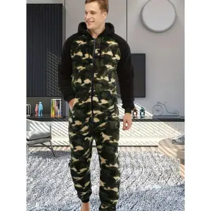 【Women's Day】 Men's Camo Novelty Print Hooded Drawstring One Piece Pajamas Long Sleeve Fabric Casual Loungewear
