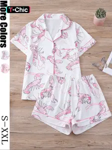 Women's 2-Piece Pajama Set, Comfortable Knit Short Sleeve Button Shirt with Prints & Elastic Shorts, Casual Home Wear for All Seasons