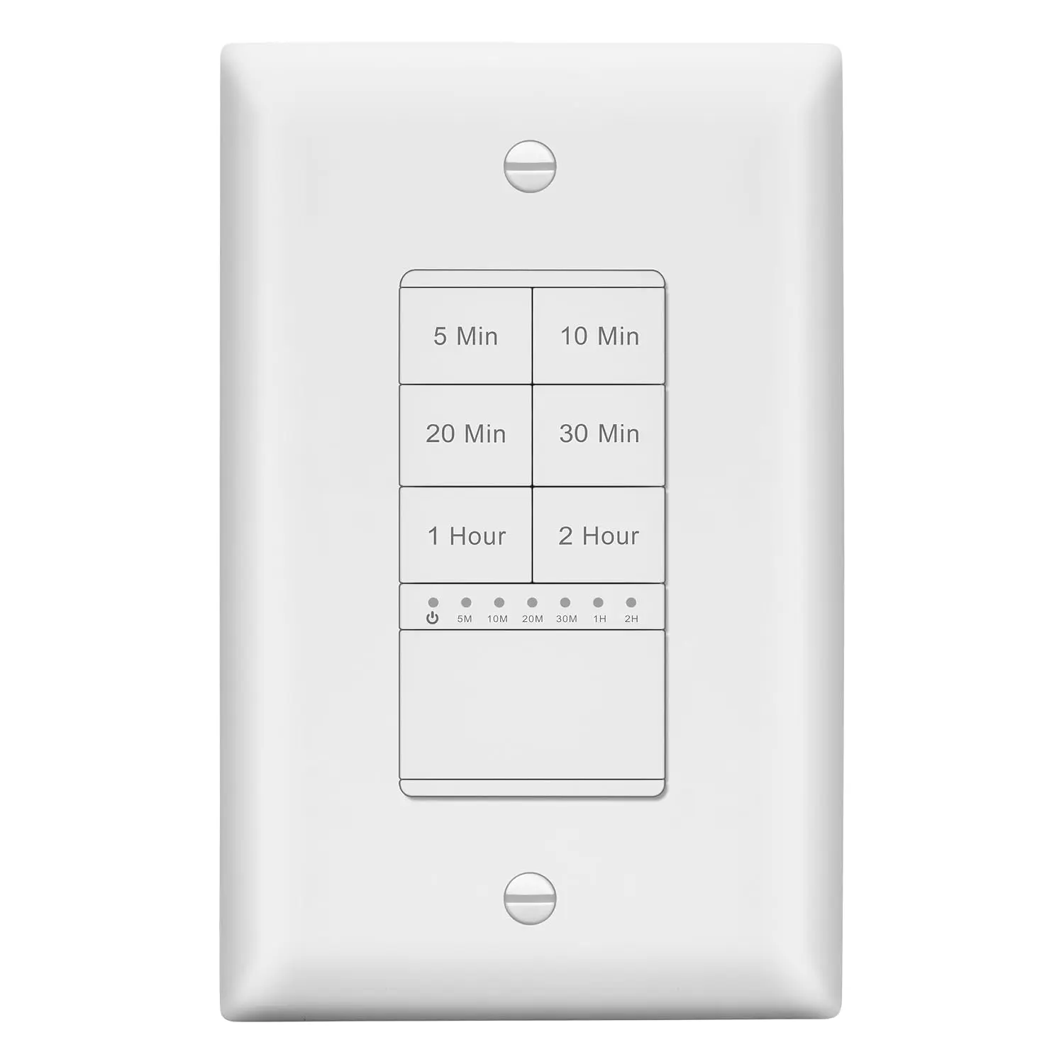 2-Hour Countdown Timer Switch, 800W, No Neutral Required, 5-10-20-30 Mins, 1-2 Hour, for Lighting or Fans, LED Indicator, Wall Plate Included, UL Listed, Thermoplastic, Matte White