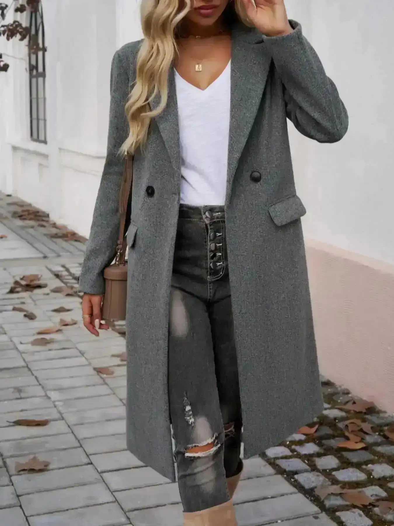 Wool Blend Peacoat, Fashion Basic Casual Woven Lapel Cardigan Coat, Womenswear, Clothes, Long Sleeves, Thick Fabric, Fall & Winter Outerwear, Available in Multiple Colors, , Comfort, Wear, Style, Outfit, Essential