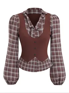 Women's Vintage Style Two-Piece Plaid Patchwork Long Sleeve Fashion Blouse Shirt, Casual Elegant Design, Perfect for Daily Wear