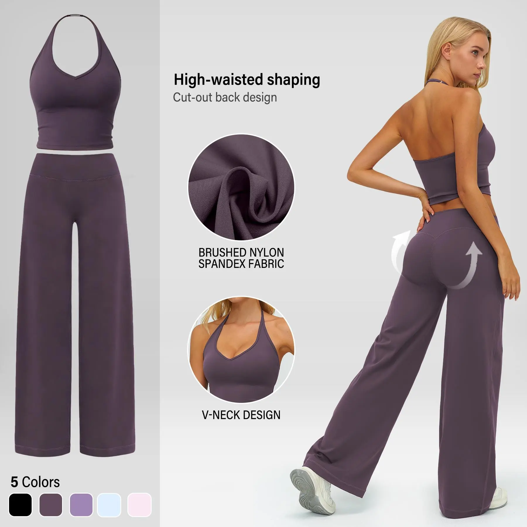 Women's 2-Piece Stretchy Athleisure Sportswear Set - Strappy V-Neck Crop Top, Straight-Leg Pants, Tie-Accent Matching Outfit, Stylish Training Wear for Gym, Yoga, Summer Lounge Clothing, Quick Dry, Stretchy Suit Set, 2 Piece Sets tiktokshopbacktoschool