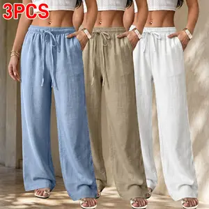 3-Pack Women's Basic Loose Straight Leg Pants, Solid Woven Polyester Bottoms with Drawstring Waist and Pockets for Everyday Wear, Bottom