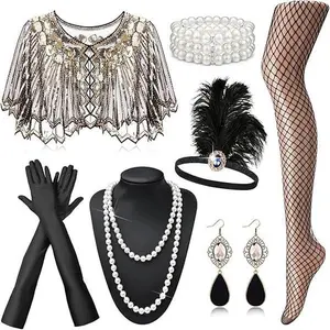 1 set of 1920s party ball women's feather headdress, headband, shawl necklace, earrings, gloves, stockings set