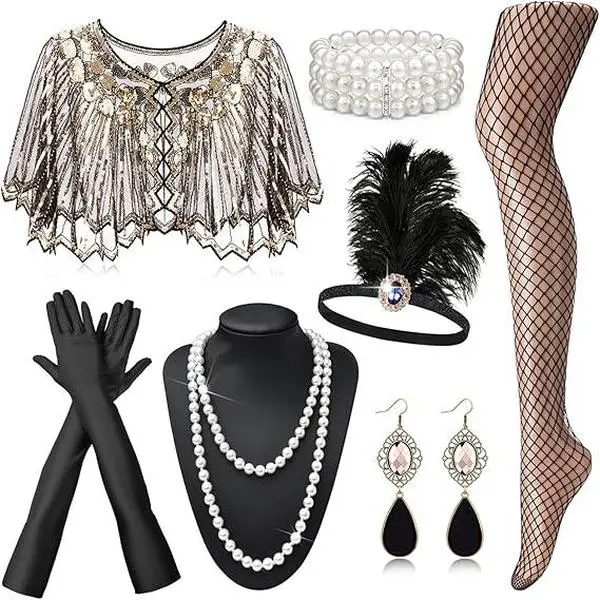 1 set of 1920s party ball women's feather headdress, headband, shawl necklace, earrings, gloves, stockings set
