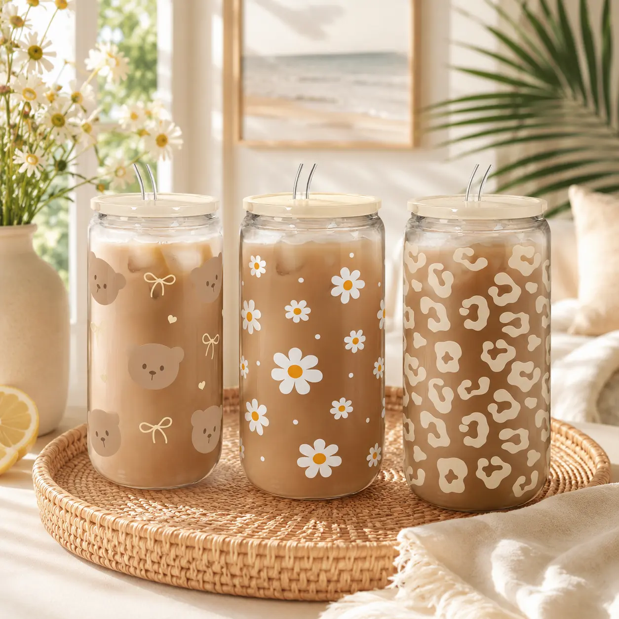 SANDJEST 16oz Glass Cup with Straw & Lid, Reusable Iced Coffee Drinking Can Shaped Cups, Drinkware Home Office Spring Mother's Day Gift for Women