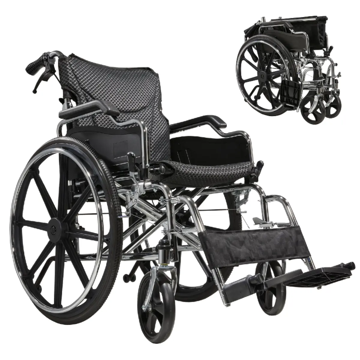 Foldable Carbon Steel Frame Portable Travel Wheelchair, 18" Seat, Front & Rear Locking Hand Brakes, 24" Quick-Release Rear Wheels