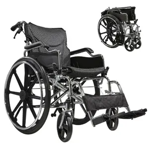 Folding Manual Transport Wheelchair, 18" Seat With Front and Rear Locking Hand Brakes, 24" Quick Release Rear Wheels