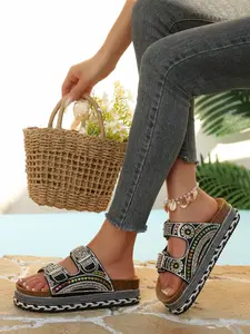 Women's Boho Beaded Thick Sole Sandals, Adjustable Buckle Flip Flops for Music Festivals, Beach, Daily Wear, Summer, Y2K Rainbow Sequins Footwear