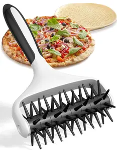 Pizza dough press with spikes, a pizza dough press tool for home and commercial kitchens - a pizza making accessory to prevent dough from bubbling, black.