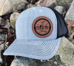 Oilfield Strong Richardson Cap with Snapback and Mesh Backing, Heather Grey/Black Design and Engraved Hat Patch
