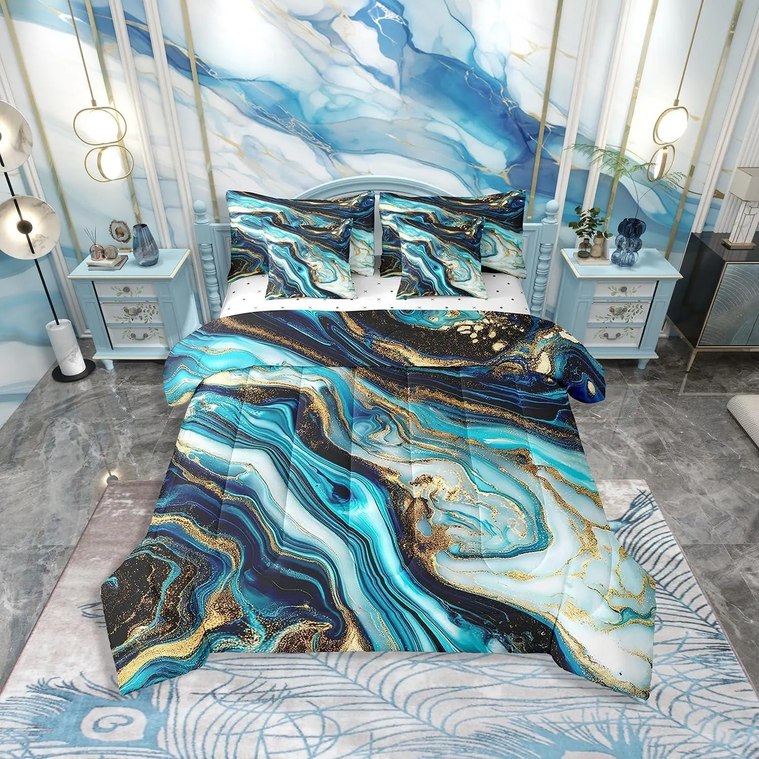 Blue Marble Bed in a Bag 7pcs Teal Marbling Bedding Set,Abstract Aesthetic Comforter Set,Watercolor Stone Pattern Bedding Comforter Set,Gold Metallic Sequins Bed Set