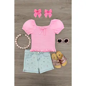 Pink Flower Denim Short Set