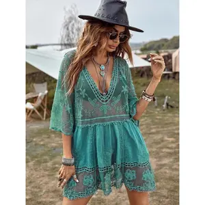 Women's Floral Embroidery Hollow Out Lace Sheer Cover Up Dress, Boho Deep V Neck 3/4 Sleeve Midi Cover Up for Beach Holiday Vacation, Ladies Summer Clothes, Clothing