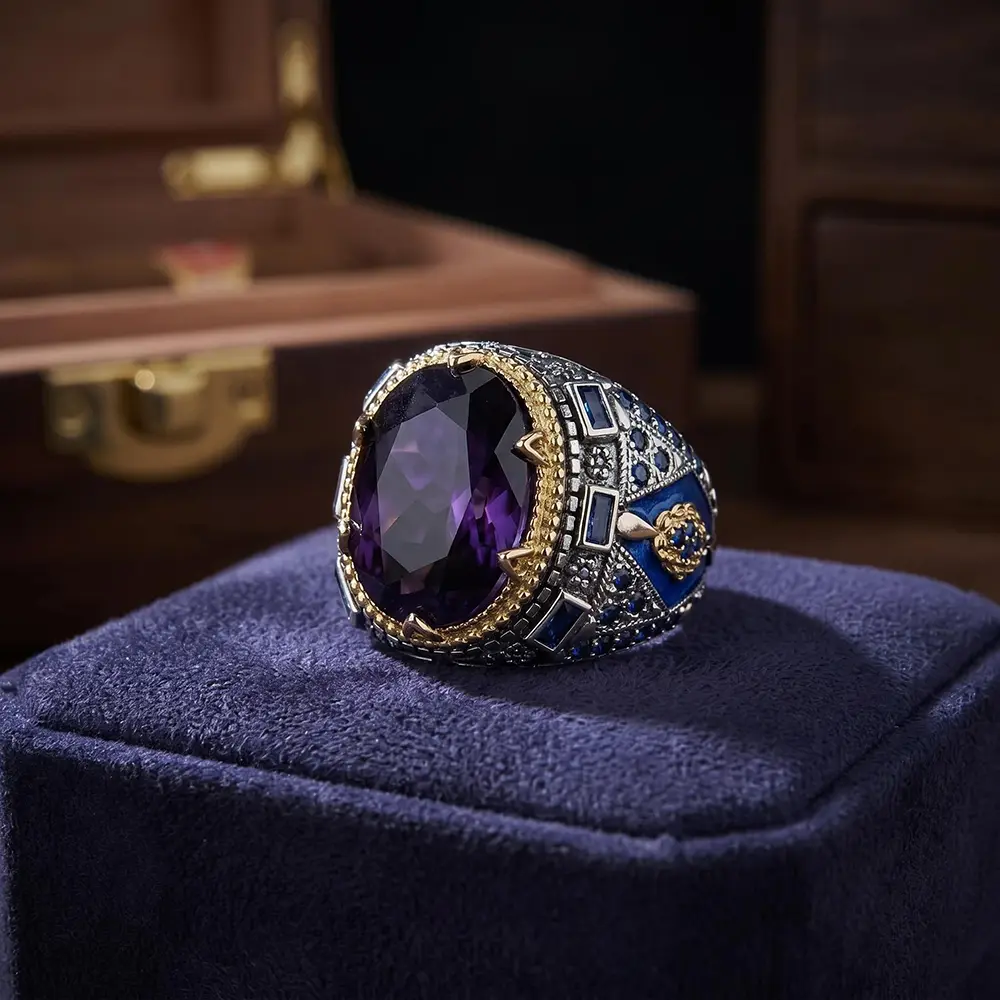 Men's Retro Oval Amethyst Copper-Base Jewelry Ring - 2-Tone Band, Enamel Detail, Geometric Accents, Brilliant Shine, Vintage Elegant Fashion Accessory, Party Wear Costume Rings