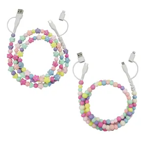 2 Pack Pearl Decorated 4 in 1 Charging Cables USB C and Lightning Compatible Fast Charging 3 3ft Ideal for Women Multiple Colors Holiday Gift Fast Charging Supported