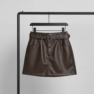 Women’s High-Waist Faux Leather Mini Skirt with Belt Daily Wear Vintage Style Fashion