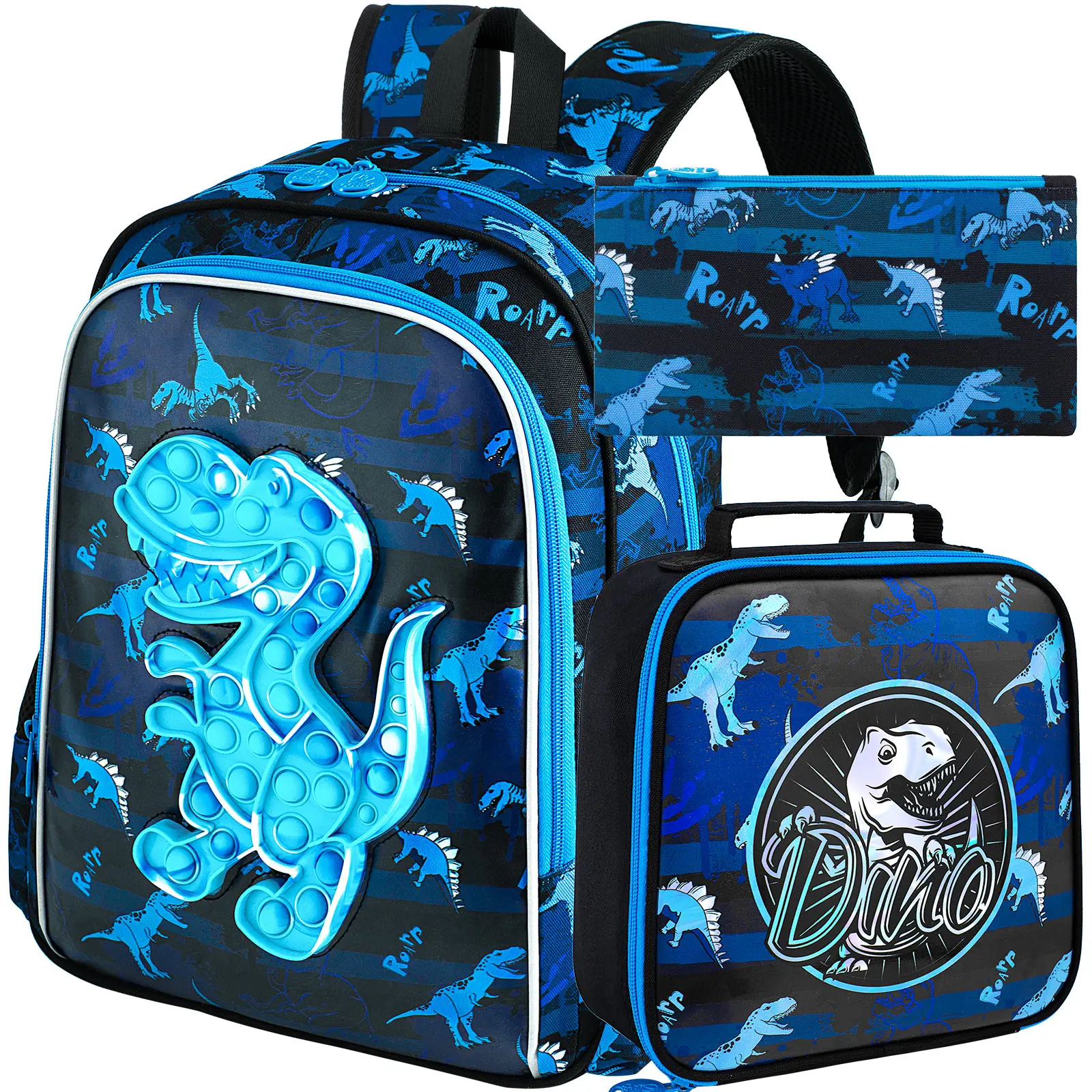 3PCS Backpacks for Boys, 16" Kids Dinosaur Bookbag for Elementary, Water Resistant Backpack Set with Lunch Box