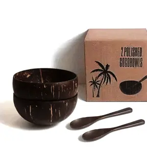 4-Piece Set Polished Natural Coconut Shell Bowls with Wooden Spoons, Eco-Friendly Handmade Edible Coconut Bowls, Salad Bowls, Tableware Gift Box