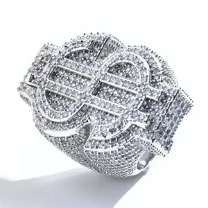 HHIOK Men's Dollar Sign Zircon Hip-Hop Ring, Streetwear Style Full Diamond Fashion Accessory, Daily Wear Gift for Dads, Hip-Hop Rings