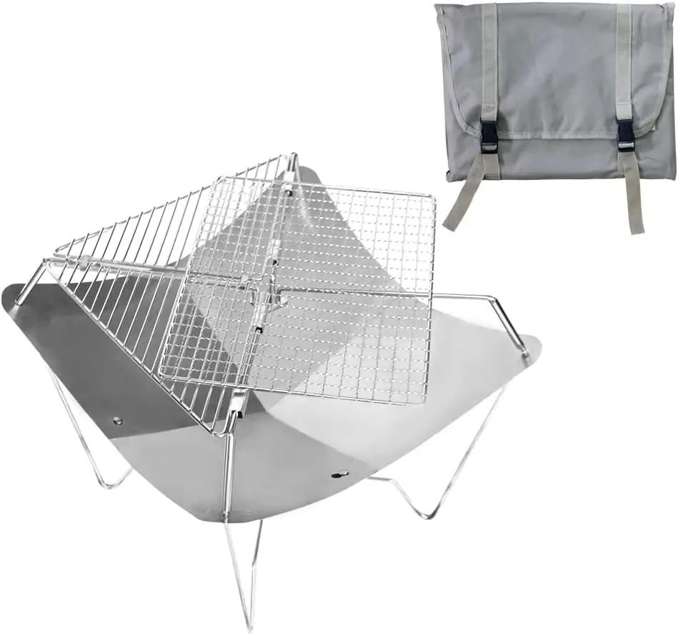 Lotus Outdoor Fire Pit Portable Small Fire Pit Grill, Wood Burning Stainless Steel Fire Pit with Grill, Camping Grill Portable Campfire, Camping Fire Pit Portable Charcoal Grill