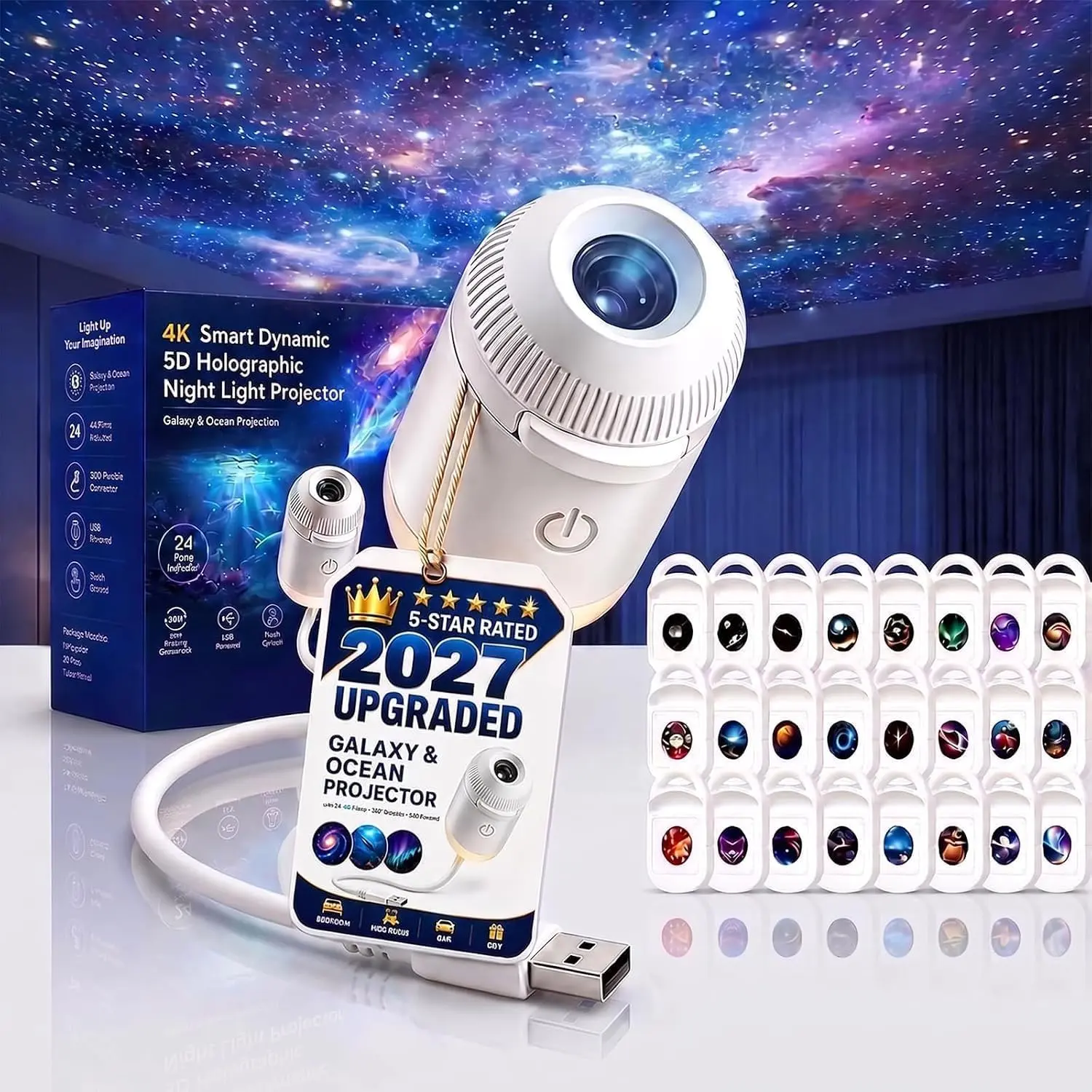 2027 Upgraded Hd Smart Dynamic 5d Holographic Night Light Projector, Plug and Play Hd Star Projector, 360° Adjustable Galaxy and Ocean for Bedroom Ceiling（24 Projection Films），Novelty and Prank Toys