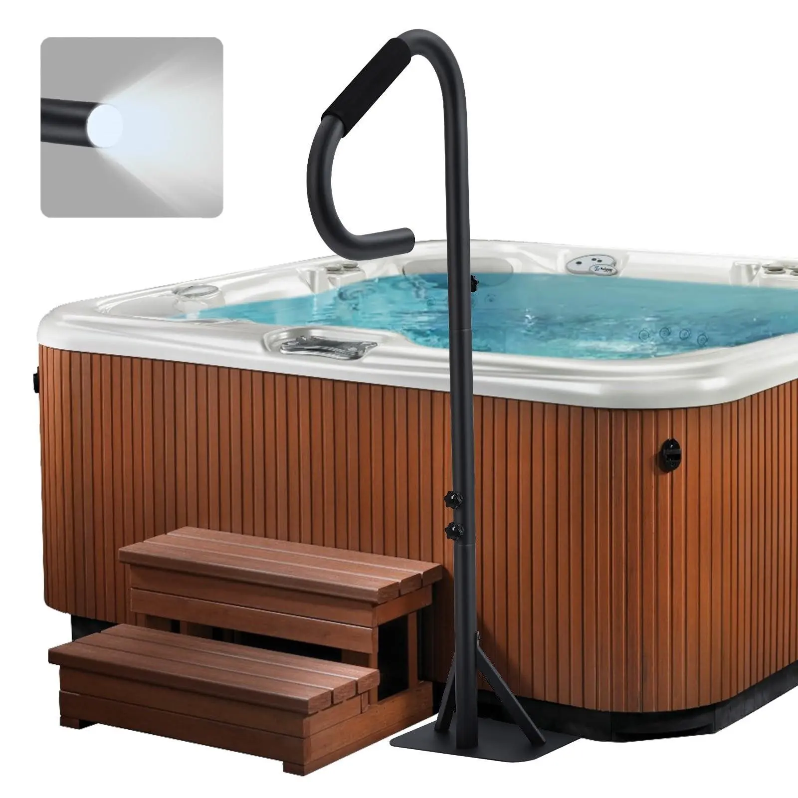 Hot Tub Handrail with LED Light,360° Rotatable Spa Side Handrail with 35"～57 in Adjustable Height, Hot Tub Hand Rail with Slide-Under Base and Non-Slip Grip for Indoor & Outdoor