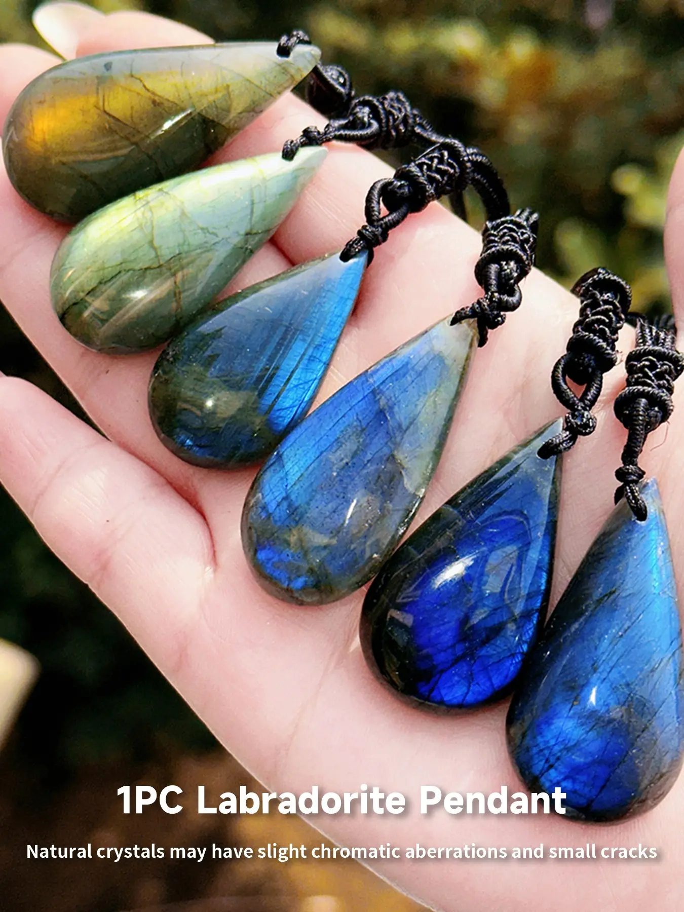 High-Quality Natural Crystal Labradorite Teardrop Pendant Necklace, Shiny Blue/ Gemstone, Adjustable Braided Cord, Bohemian Style Jewelry