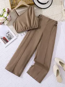 Girls' 2-Piece Set, Off-Shoulder Sleeveless Top with Button Decor, Elastic Hem Long Pants, Fashionable Casual Style