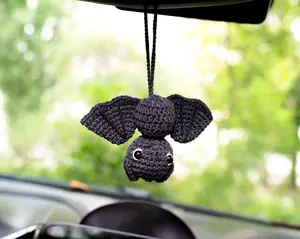 Goth Car Accessory Bat Plush Rear View Mirror Accessory for Women, Men, Teens, Cool Car Mirror Hanging Bat Car Decor, Crochet Car Charm