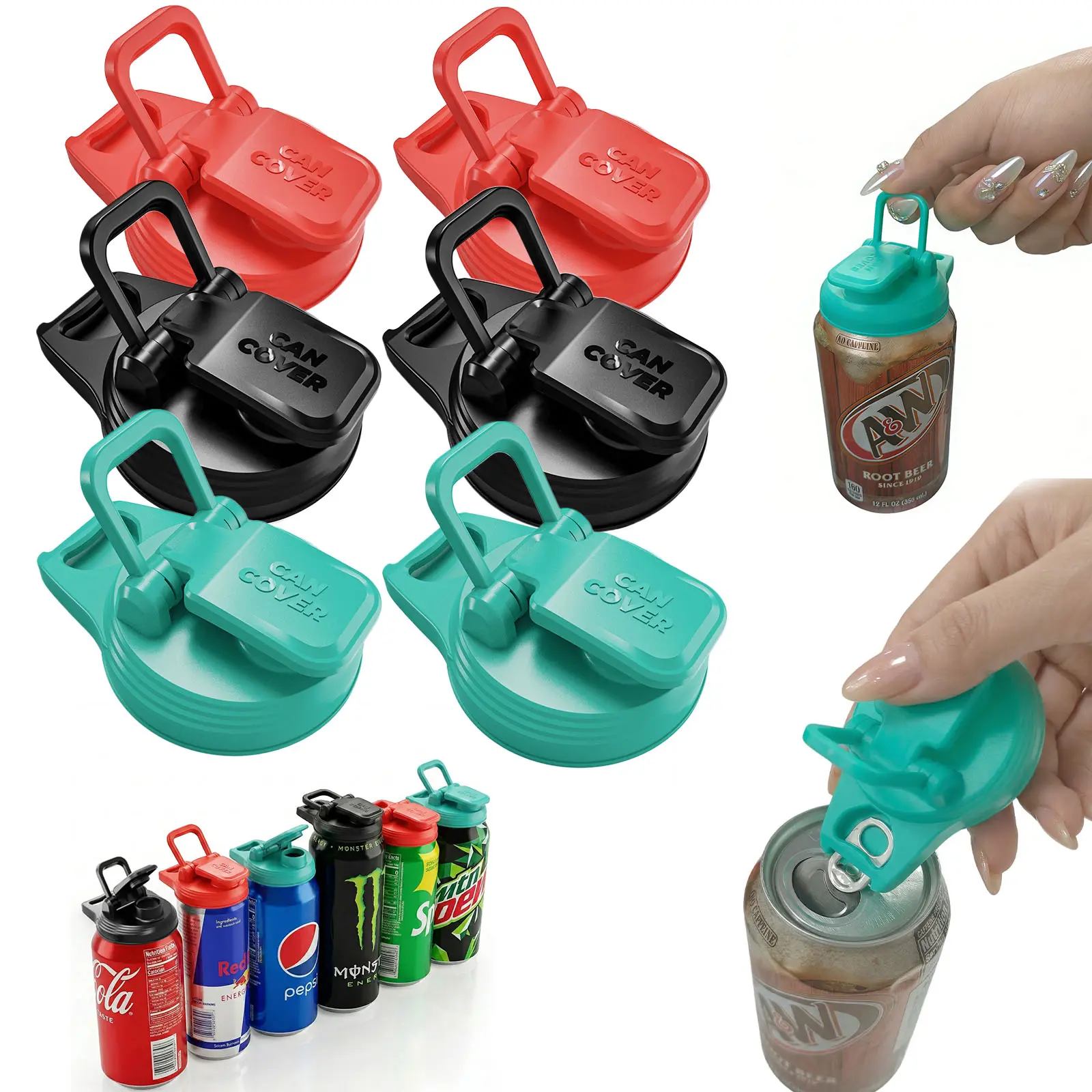 6-pack 2-in-1 Soda Can Lids & Soda Can Openers Reusable BPA-Free Can Covers for Soda,Beer & Energy Drinks,Helps Open and Keep Drinks Fresh & Clean
