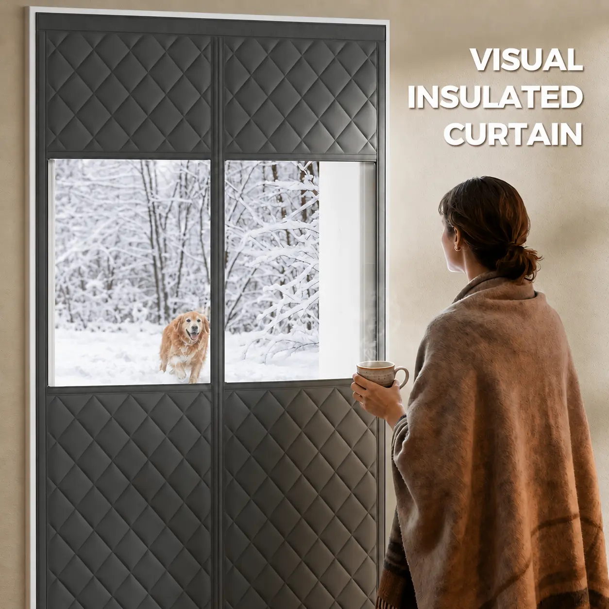 Magnetic Insulated Door Curtain With Clear Window, Fits 82" H, Width Options 31.5"-47.2" (6 Sizes), Draft Stopper, Keeps Cold Air Out, Fits All Doors, Gray/Brown