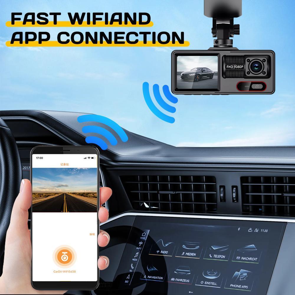3 Channel Dash Cam with WiFi & App Control – 1080P+720P, 170° Wide Angle, 24H Parking Monitoring, Loop Recording, Motion Detection, Night Vision