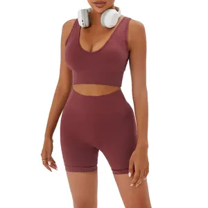 Solid Seamless Crop Sports Top & High Waist Shorts Set Workout Gym Yoga Snatched Body Sports Outfits Clothing for Women Tummy Control Hip Lift