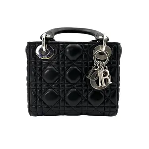 Pre-owned Dior Lambskin Shoulder Bags Lady Mini Black Cannage Handle Bag With Silver Charms dr754