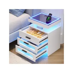 Indoor furniture  Smart RGB Nightstand Charging Station Bedside 2 Drawers 1 Jewellery Storage LED Night Stand Motion Sensor Lights Glass Top Side Table With Remote Control