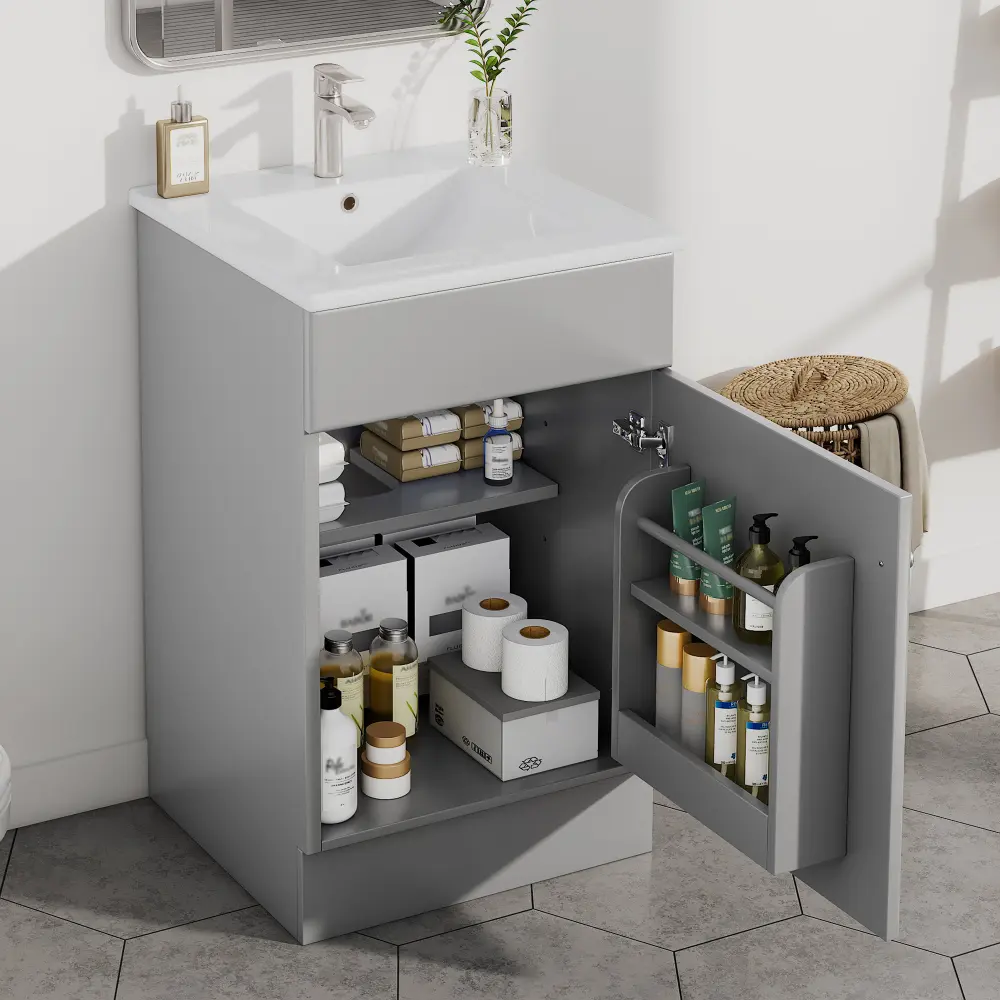 20" W x 15" D x 34" H Sturdy Durable Gray Freestanding Bathroom Vanity Cabinet Combo - Wood Modern Unit with Ceramic Sink, Right-Door Shelf, Adjustable Shelf, Soft-Close, Over 25 kg Capacity, Assembly Required to Elevate Your Bathroom Space