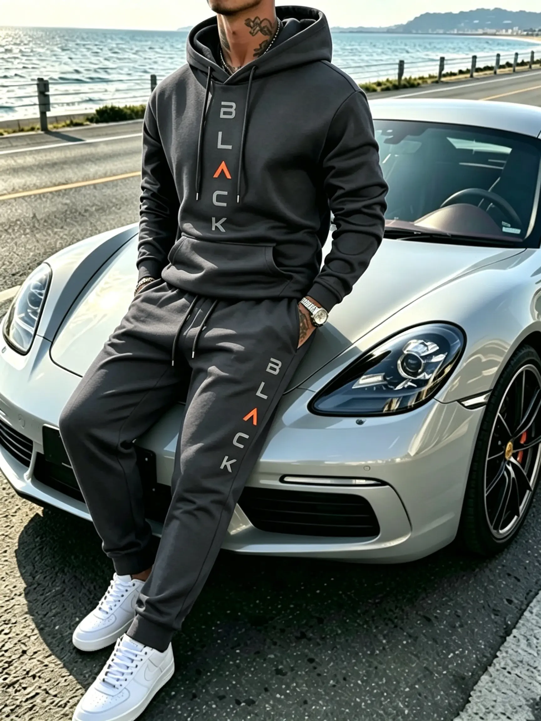 Men’s hooded sports set for Fall/Winter 2026: sweatshirt with 3D letter and number prints & jogging pants with elastic cuffs, casual matching set
