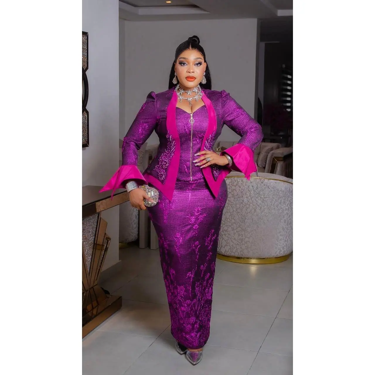 Standout Purple Brocade Embellished Split Bell Sleeve Skirt Suit for Mother of The Bride Wedding Birthday Party 2-Piece Outfit