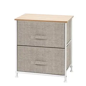 Nightstand with 2 Drawers, Bedside Tables Closet Drawers Dressers & Chests Organizer Unit, Wooden Top Fabric Dresser for Bedroom Nursery Closet Living Room, Beige