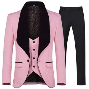 Pink men's three piece slim fit tailcoat set, including solid color diagonal collar jacquard jacket, matching vest, and button up front pants