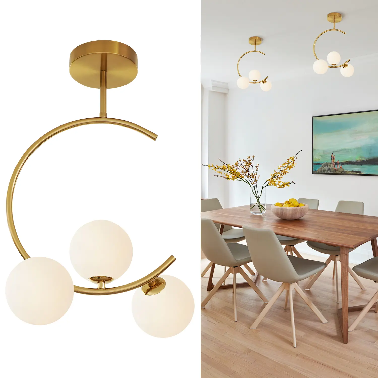 Metal+Glass 3-Light Brass Semi Flush Mount Ceiling Light, 18in Indoor Lamp with G9 Bulbs Included, 3 Color Temperature Dimmable for Dining Room, Kitchen