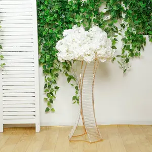 32" Crystal Pendant Flower Stand with Gold Metal Frame – Hourglass Column Vase Holder for Floral Arrangements & Table Centerpieces