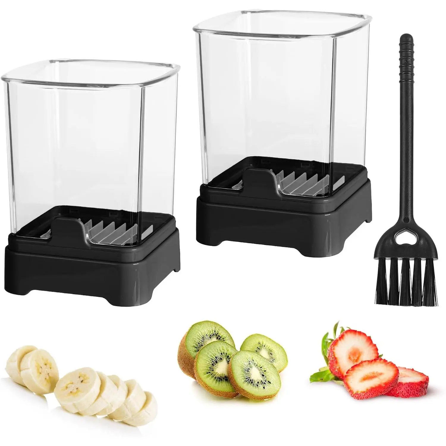 2 Pack Upgraded Fruit Slicer Cup, Strawberry Slicer with Push Plate, Detachable Cup Slicer, Speed Fruit Slicer for Banana Grape Egg Vegetables, Creative Strawberry  Kitchen Gadget(Black)