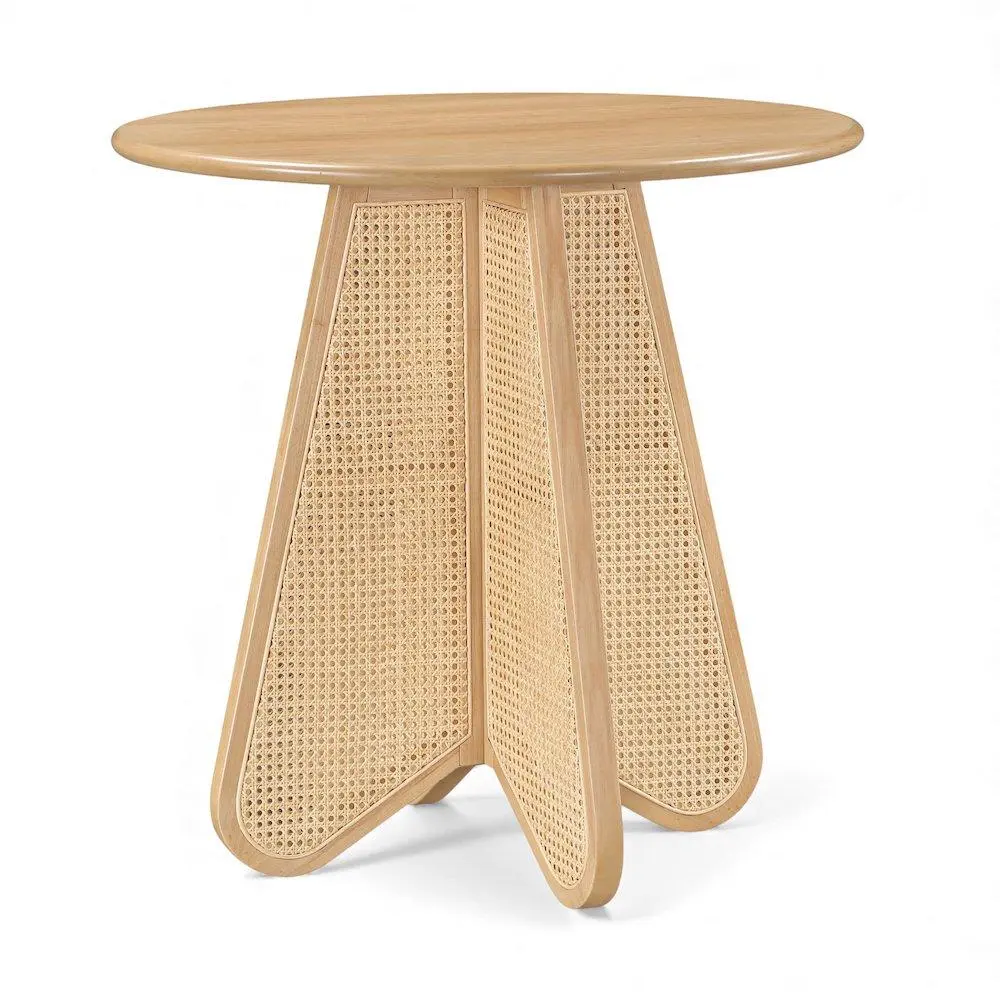 Modern 36" Round Natural Solid Wood Counter Height Table with Natural Solid Cane Accents, Natural Wood