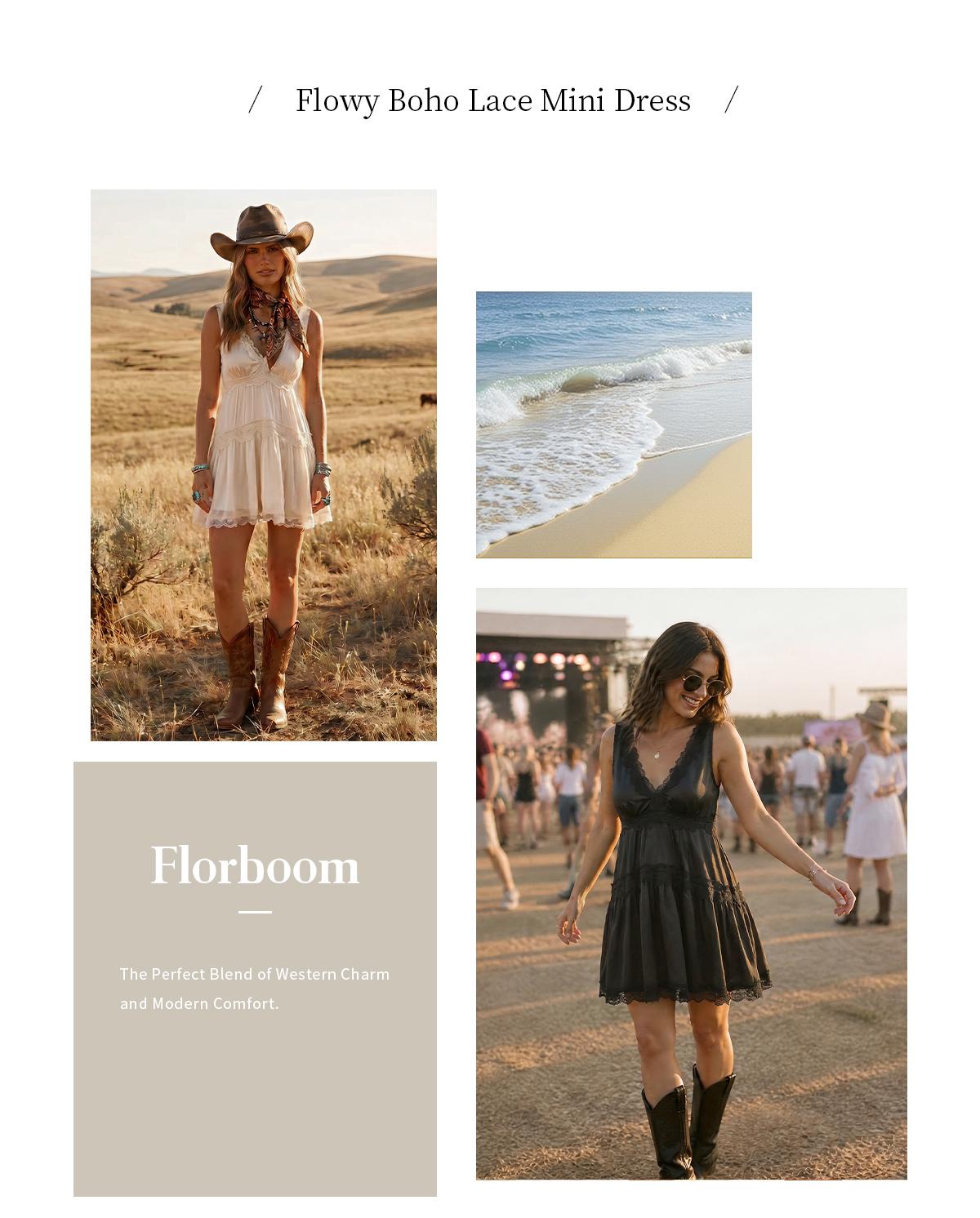 Florboom Womens Boho Lace Mini Satin Slip Dress, V Neck Sleeveless, Tiered with Lace Trim, Flowy Babydoll A-Line Short Dress for Layering Western Vacation Beach Country Concert Date Night, Summervibes Vneck