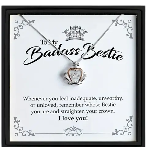 Mother's Day Gift 1pcs To My Badass Bestie Crown Pendant Necklace Neck Jewelry with, Friendship Gift, Christmas Gift, Includes Card and Box