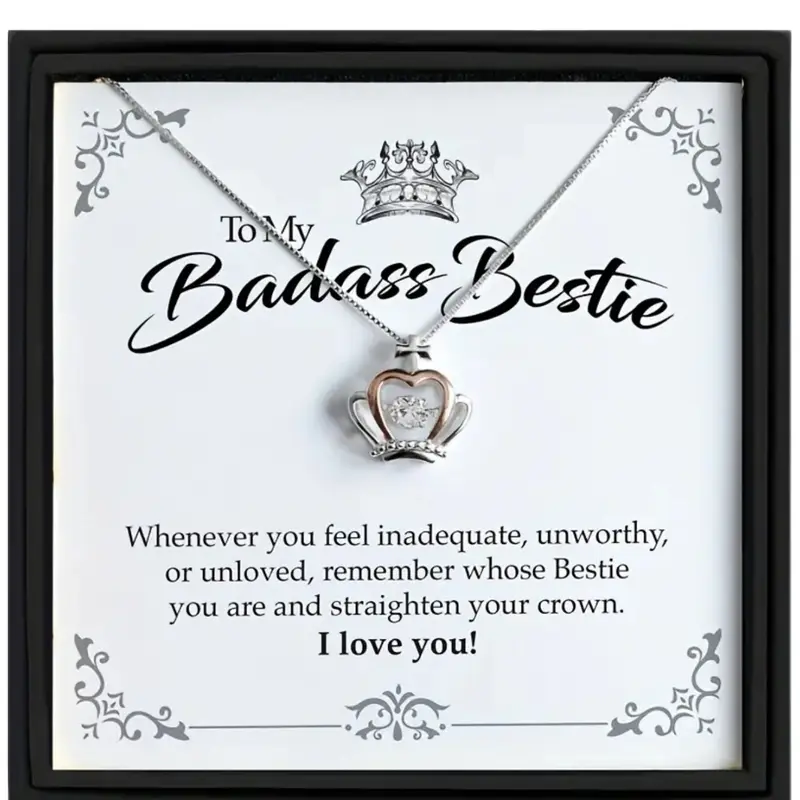 Mother's Day Gift 1pcs To My Badass Bestie Crown Pendant Necklace Neck Jewelry with, Friendship Gift, Christmas Gift, Includes Card and Box
